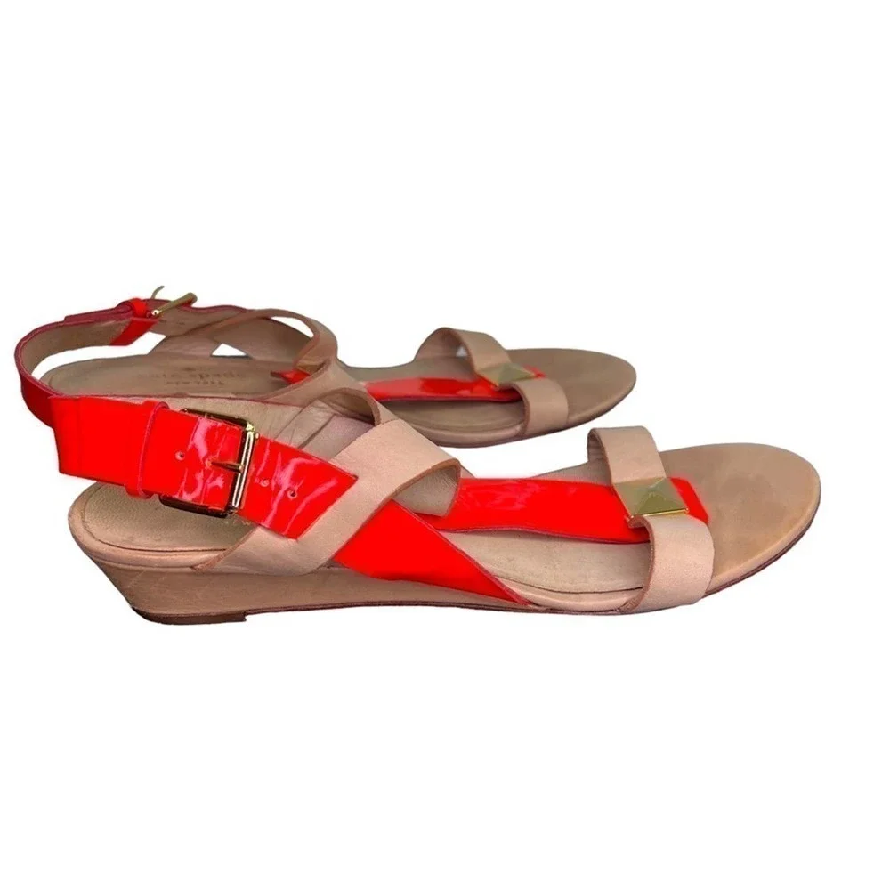 KATE Spade New York Sandals Neon Orange Patent Leather Gold Studs Size 8